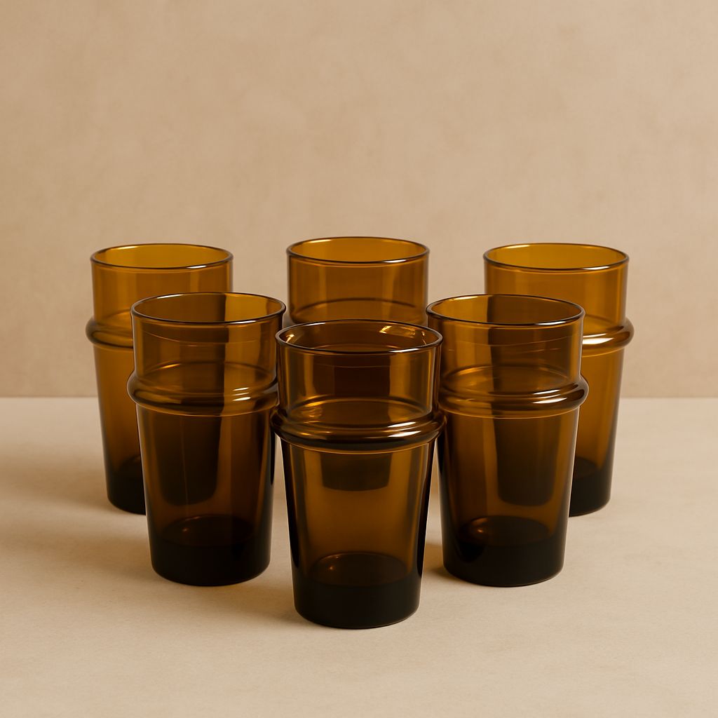 Set aus 6 handgefertigten braunen Trinkgläsern - mundgeblasen
