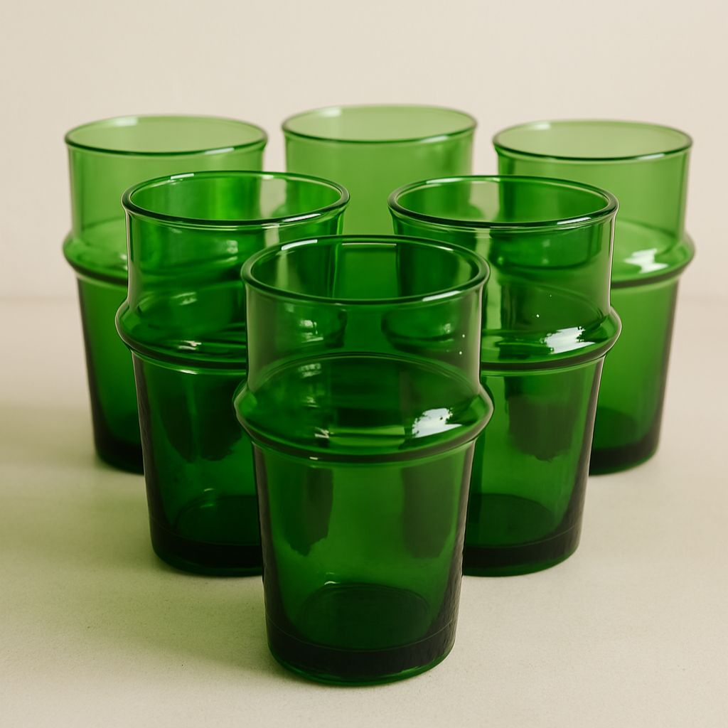 Set aus 6 handgefertigten grünen Trinkgläsern - mundgeblasen