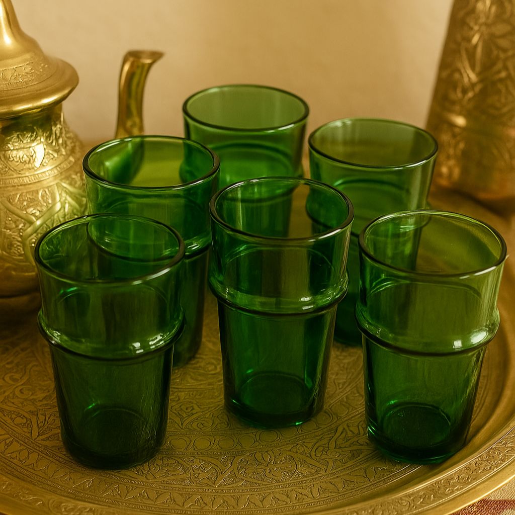 Set aus 6 handgefertigten grünen Trinkgläsern - mundgeblasen
